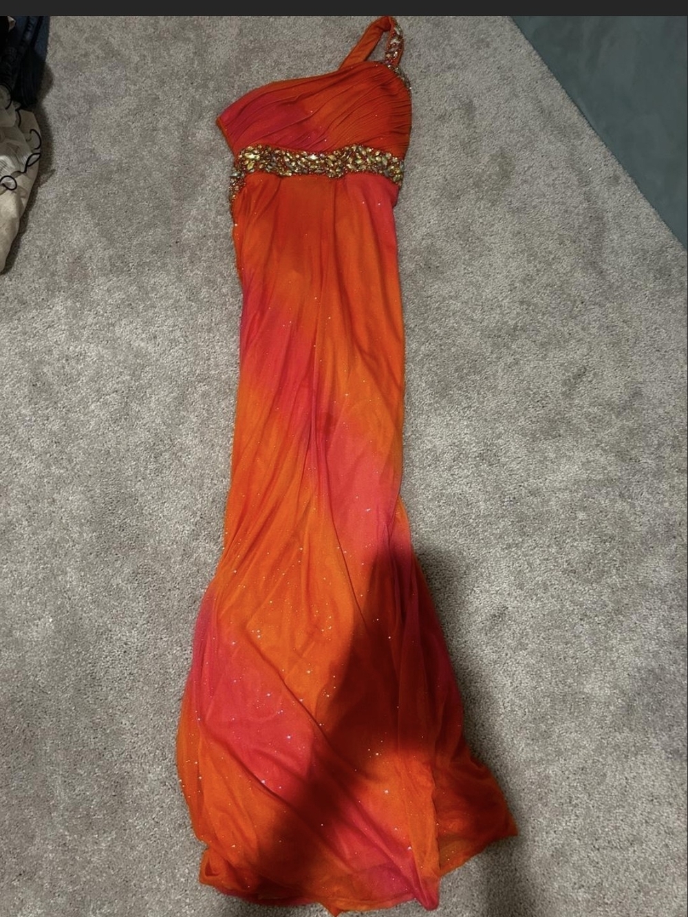 Orange-Pink Ombre One-Shoulder Prom Dress with Embellished Waist